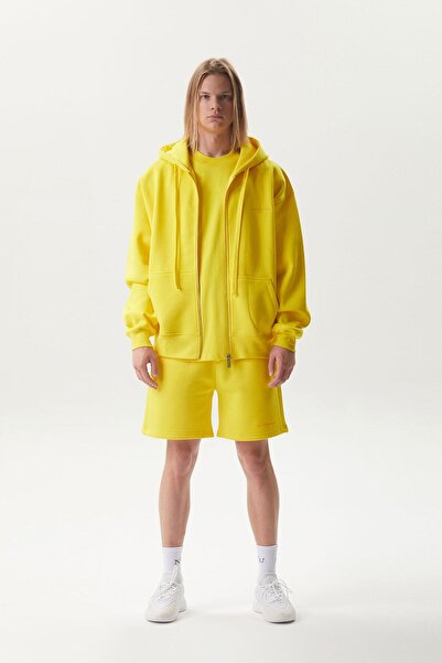No1You Kapüşonlu Fermuarlı Cepli Sarı Unisex Sweatshirt