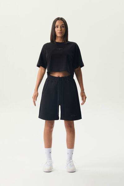No1You Logo Nakışlı Siyah Günlük Cepli Unisex Şort