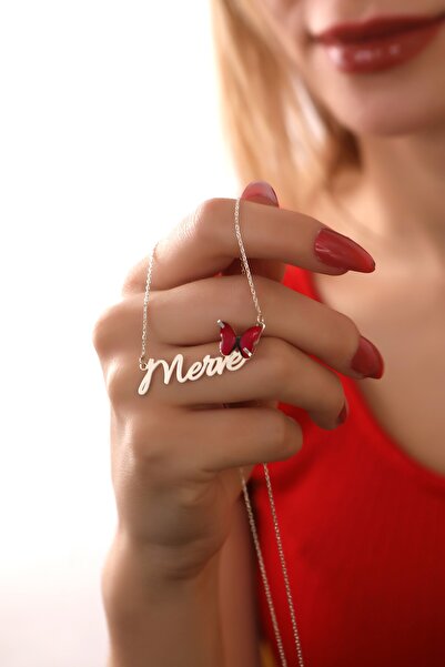 HomSilverjewelry 925 Ayar Gümüş Kişiye Özel Isimli Pembe Kelebek Detaylı Kadı...