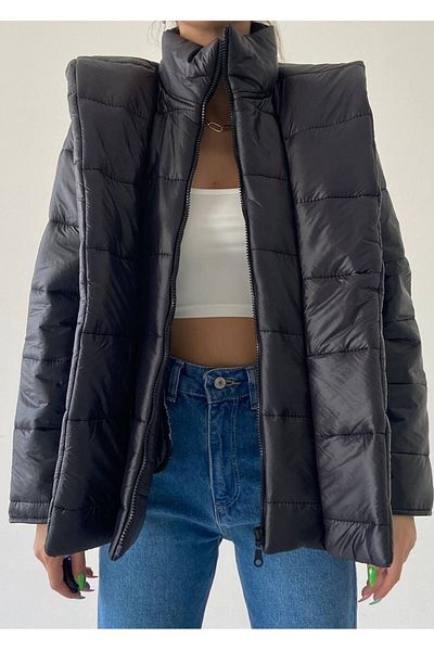 vuvutasarım Black Hooded Designed Pocket Detailed Puffer Jacket 200