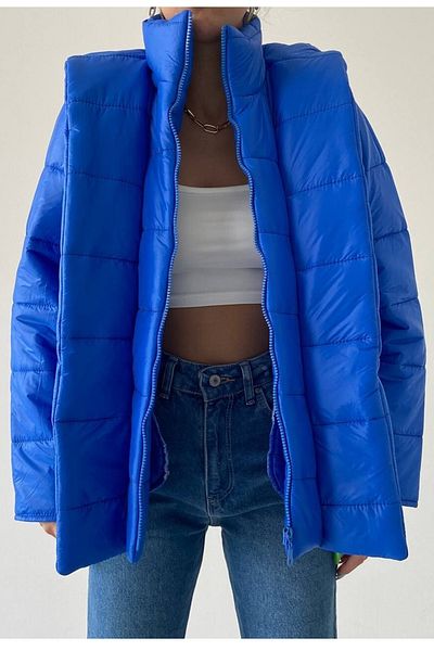 WOMAN VISION Saxe Blue Puffer Jacket with Hood and Pocket Design 200