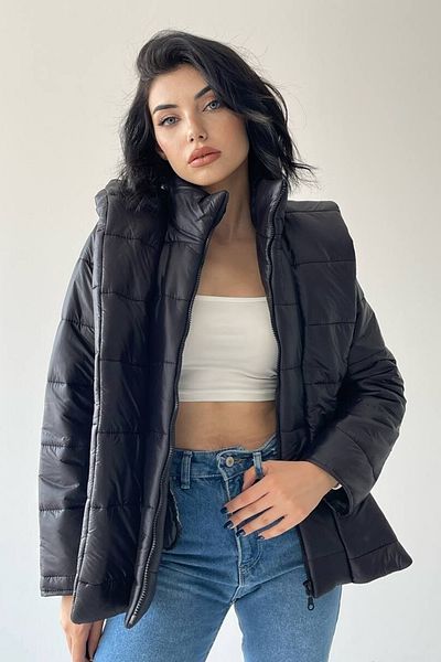 WOMAN VISION Black Puffer Jacket with Hood and Pocket Design 200