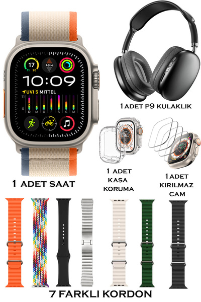 TECHNOMEN Akıllı Saat Y60 Ultra Plus 49mm P9 Bluetooth Kulaklık 7 Kordon Kasa Koruma Kırılmaz Cam Hediye