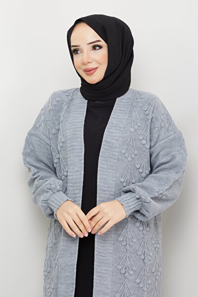 Pamuk Butik Women's Cherry Patterned Full Length Knitwear Cardigan Gray