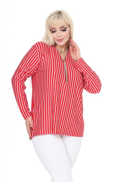 garajmood Kırmızı Çizgili Desenli Fermuarlı Büyük Beden Bluz
