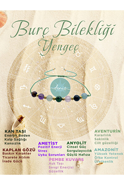 Deniz Doğal Taş Doğal Taş Yengeç Burç bilekliği Kan Taşı-Kaplan Gözü-Ametist-Pembe Kuvars-anyolit-Amazonit-Aventurin