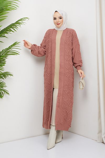Pamuk Butik Γυναικεία Πλεκτά Ολόσωμη Ζακέτα με μοτίβο κερασιού Dusty Rose