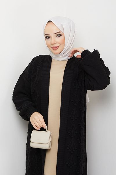 Pamuk Butik Γυναικεία Πλεκτά Ολόσωμη Ζακέτα με σχέδιο Cherry Μαύρη