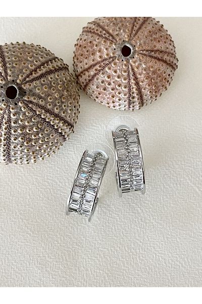 Maris by Deniz Double row baguette rhinestones, plain string half hoop earrings