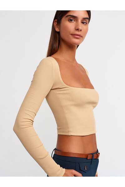 Dilvin Μακρυμάνικο Κορδόνι Τετράγωνο Γιακά Crop Top