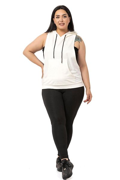DISENTIS MODEST Tricou alb cu mânecă lată cu glugă cu buzunar cangur de mărime mare