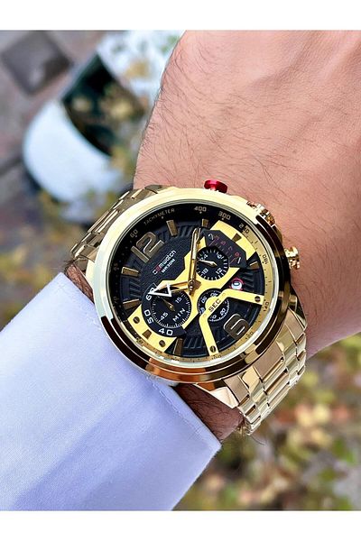 Comwatch Steel Cord Men's Classic Wristwatch with Stopwatch and Calendar Gold and Black Color 3007-ggbg