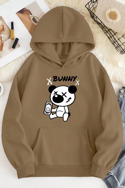 qavnas Unisex 2ip Raster BUNNY εμπριμέ μπεζ φούτερ oversize