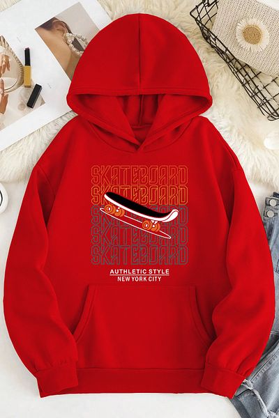 mw memowear Унисекс суитшърт с 2 връзки и повдигнат скейтборд, червен, голям размер