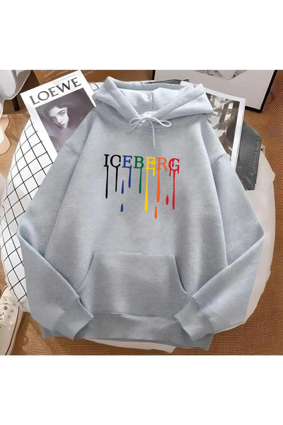 qavnas سويت شيرت رمادي كبير الحجم مطبوع عليه ICEBERG للجنسين