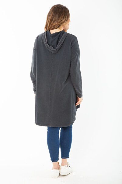 Şans Women's Large Size Smoked Sequin and Print Detailed Hooded Long Back Sweatshirt 65N37433