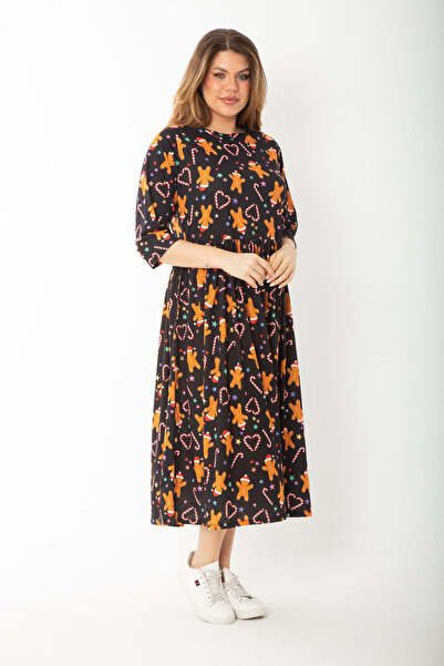 Şans Rochie cu mâneci capri cu talie strânsă cu imprimeu de Crăciun neagră de mărime Plus pentru femei 65N37427