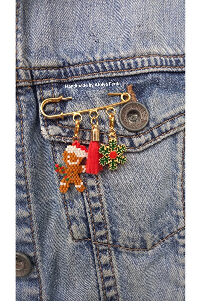 Atolye Ferda Miyuki Örme Kurabiye Adam ve Kar Tanesi Figürlü İskoç İğnesi Broş