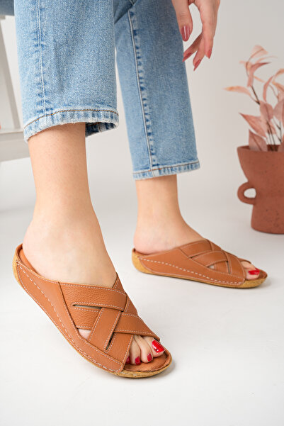 Akgün Terlik Women's Genuine Leather Tan Orthopedic Sole Slippers