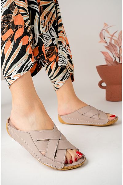 Akgün Terlik Women's Genuine Leather Mink Orthopedic Sole Slippers