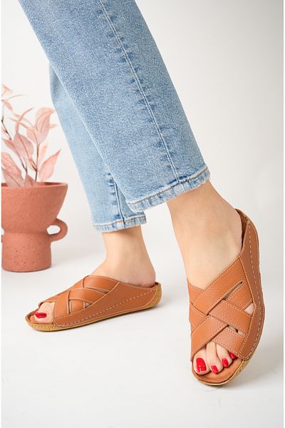 Akgün Terlik Women's Genuine Leather Tan Orthopedic Sole Slippers