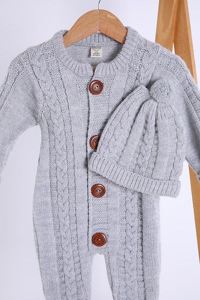 Babyhola 100% Thick Knitwear Girl Boy Baby Kids Winter Beret Jumpsuit Set 5711