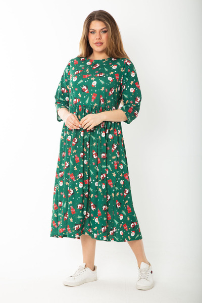 Şans Women's Plus Size Green Christmas Print Gathered Waist Capri Sleeve Dress 65N37427