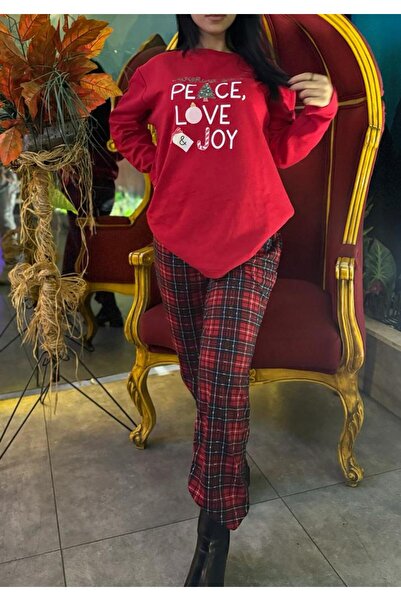 NİCE Red Cotton New Year Themed Tshirt-Pants Knitted Pajama Set