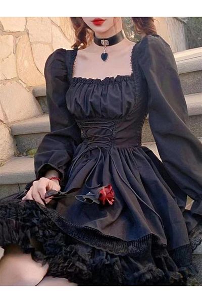 Planet Butik Black Balloon Sleeve Gothic Lace Detailed Dress