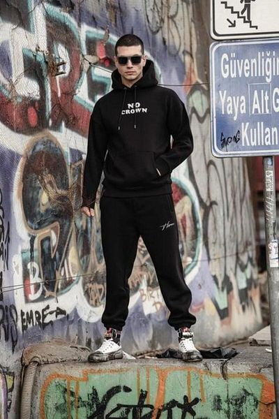 HYPERS No Crown Printed Black Hooded Oversize Sweatshirt