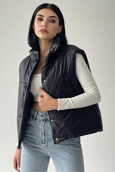 lovebox Women's Black Inflatable Vest with Bag Gift and Pocket Detail 201