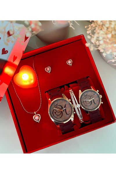 Has Couple Wrist Watch Necklace and Earrings Gift Square Set Box