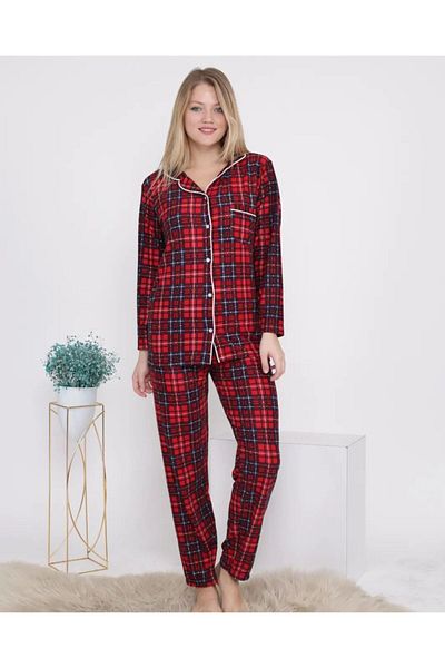 TUGSE Women's Patterned Front Buttoned Suede Long Sleeve Pajama Set