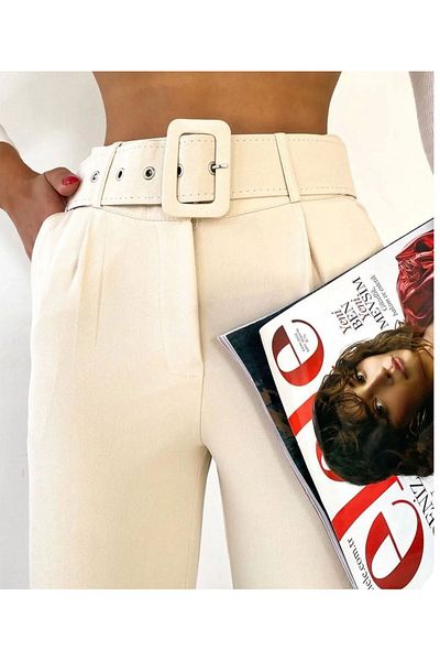 LAMİRAMOOD Pantaloni din stofă bej cu curea
