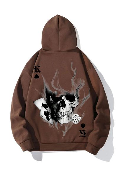 Black Sokak Brown Skeleton Tile Printed Hooded Oversize Sweatshirt Unisex