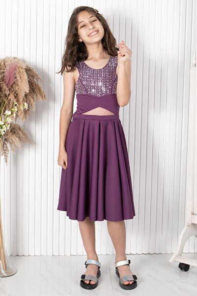 SUBU TASARIM Вечерна рокля с принт от камъни, лилава MDV320