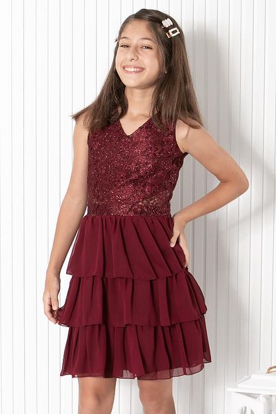 SUBU TASARIM Burgundy Chiffon Evening Dress - Ruffle, Mdv334