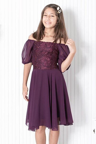 SUBU TASARIM Balloon Sleeve Detailed Chiffon Evening Dress Plum Mdv332