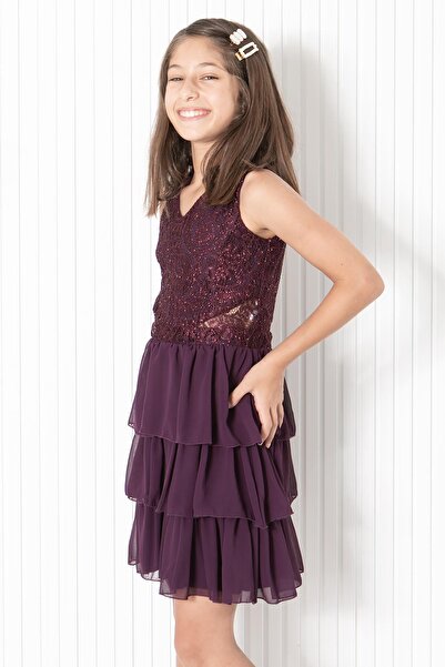 SUBU TASARIM Ruffled Chiffon Evening Dress Plum Mdv334
