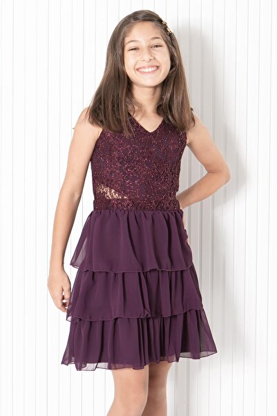 SUBU TASARIM Ruffled Chiffon Evening Dress Plum Mdv334