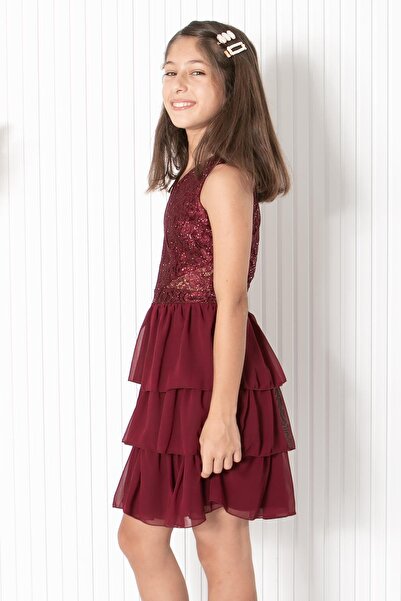 SUBU TASARIM Fırfırlı Şifon Abiye Bordo Mdv334