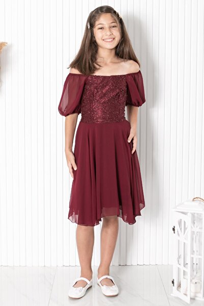SUBU TASARIM Balloon Sleeve Detailed Chiffon Evening Dress Claret Red Mdv332