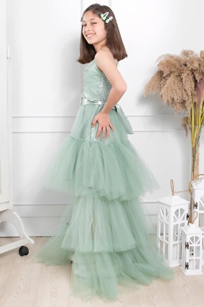 SUBU TASARIM Green Tulle Evening Dress with Stone Detail and Sweep Train, Mdv316
