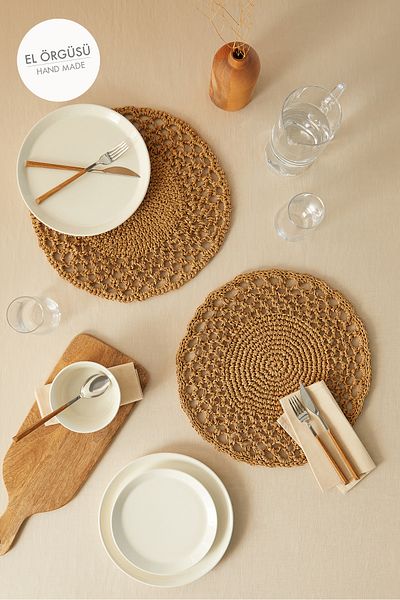 Ocean Home Textile 2 Επιτραπέζια Παρουσίαση Πιάτο με Μπεζ Μοτίφ Raffia - Supla American Service 36x36