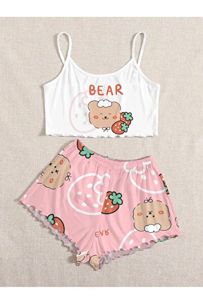 PEMBİŞ HOMEWEAR Askılı Şort Pijama Takımı Strawberry Bear Supersoft Basic Süprem