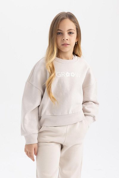 DeFacto Girl's Relax Fit Crew Neck Printed Thick Sweatshirt B4675a823wn