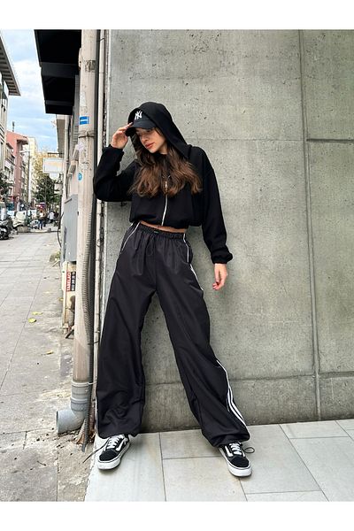 AtegeWear Y2K Harajuku Stripe Λεπτομέρεια Αλεξίπτωτο Φούτερ/Παντελόνι