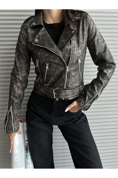 TEORA FASHION Gray Leather Belted Women's Jacket