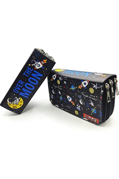 Limmy Μολυβοθήκη Astronaut Moon Galaxy Kawai Organizer Θήκη για στυλό Vegan Δερμάτινη θήκη για στυλό τριών διαμερισμάτων-Μαύρο