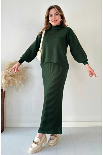 zefusestore طقم فستان سترة تريكو مزدوج (أخضر زيتوني)